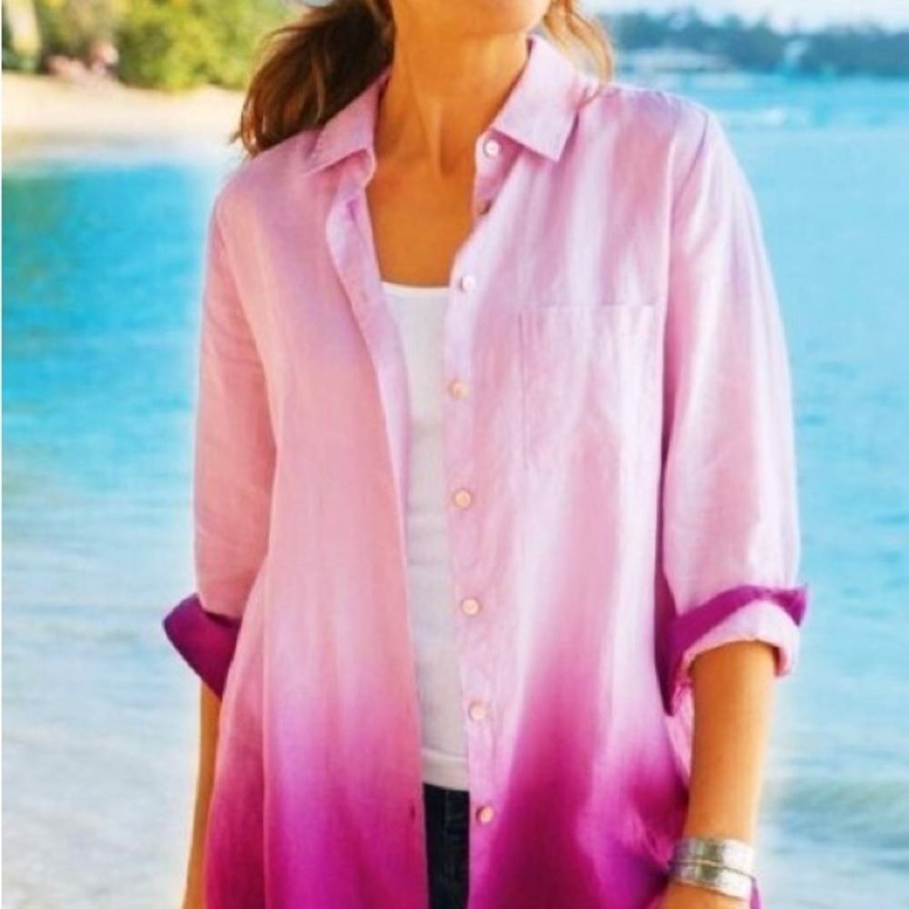 Soft Surroundings Pink and Purple Ombre Dip Dyed Button Down Shirt